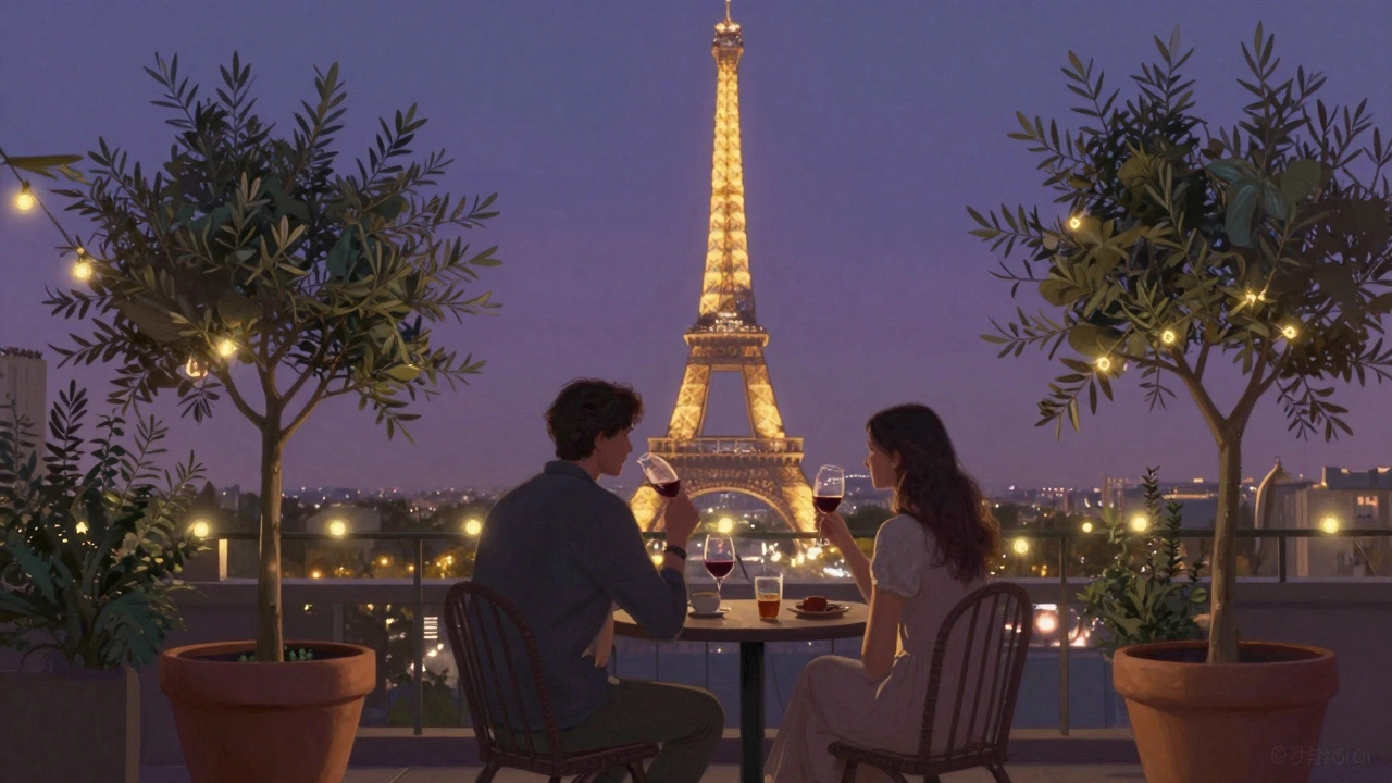 A couple enjoys wine on a secluded Parisian terrace as the Eiffel Tower sparkles below at twilight.