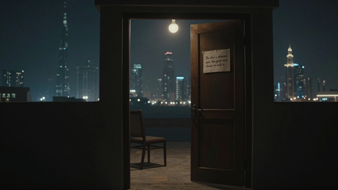 An empty doorway at night with a note pinned to it, overlooking Dubai&#039;s distant skyline.