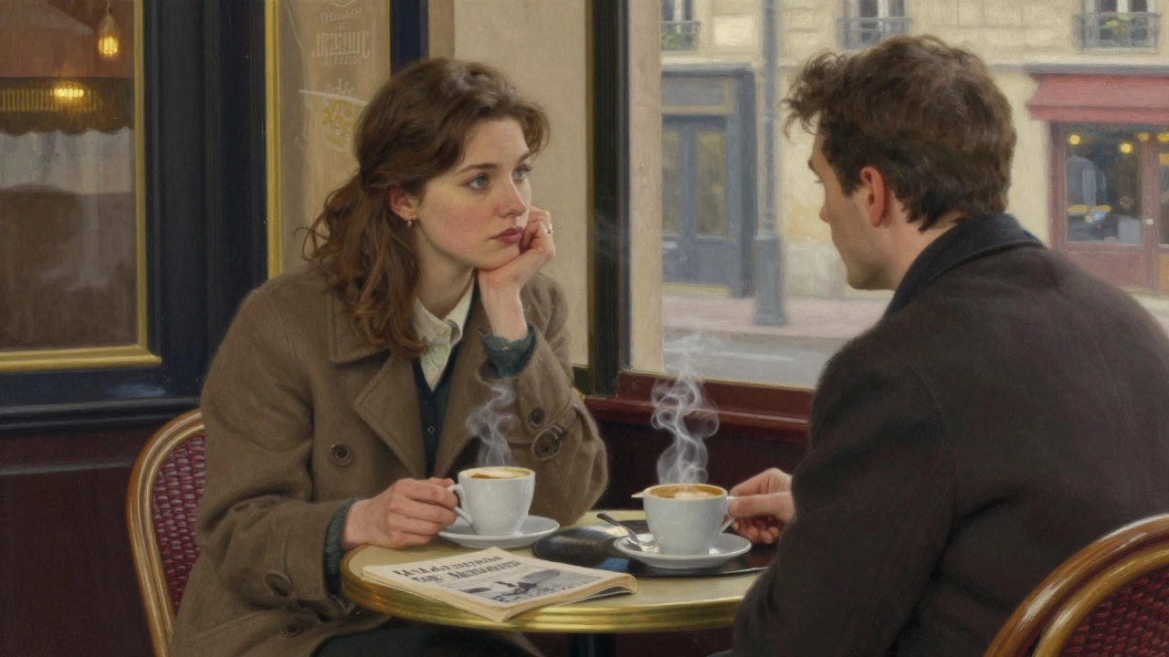 Two people share a quiet coffee in Saint-Germain, a book and vinyl record beside them on the table.