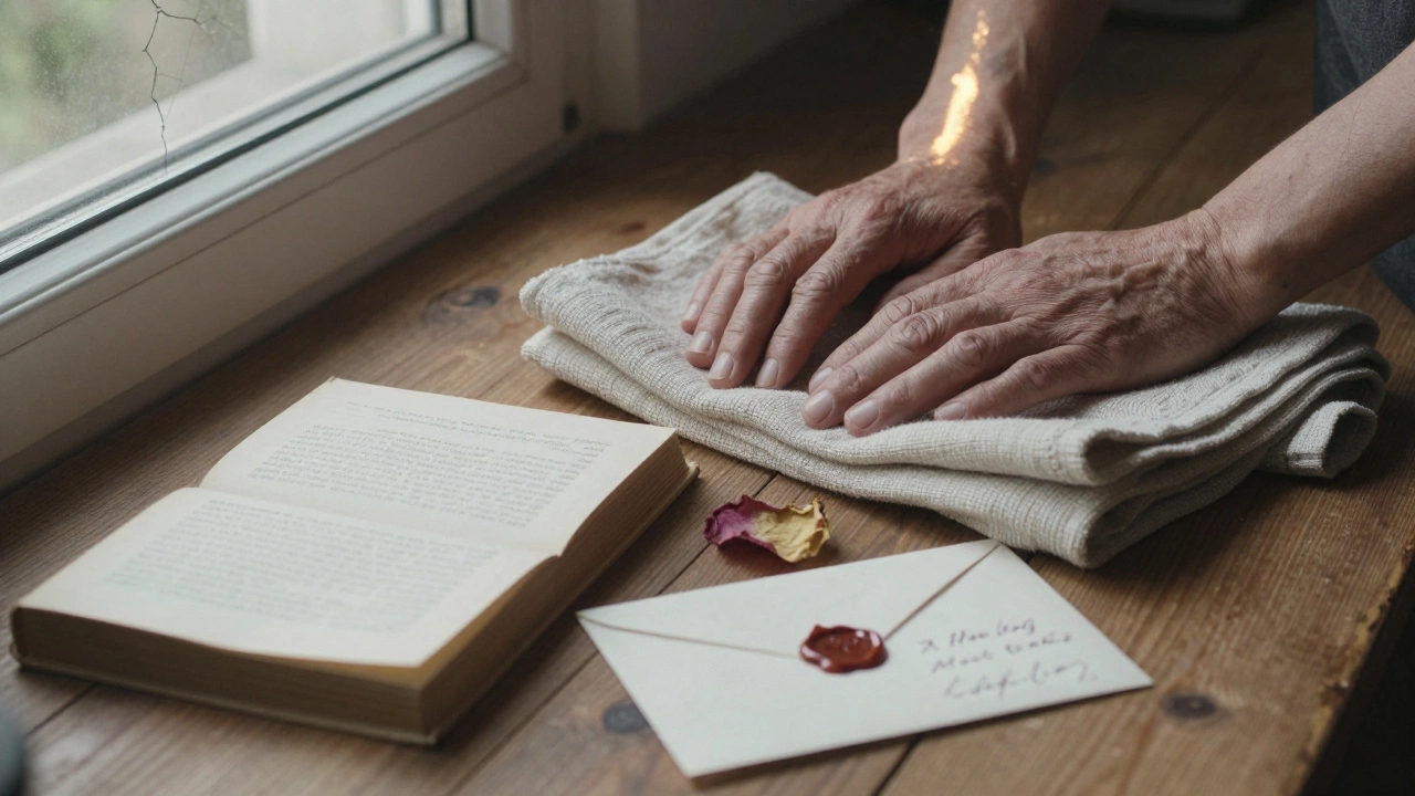 Weathered hands rest on a folded towel beside a handwritten letter and dried rose petal.